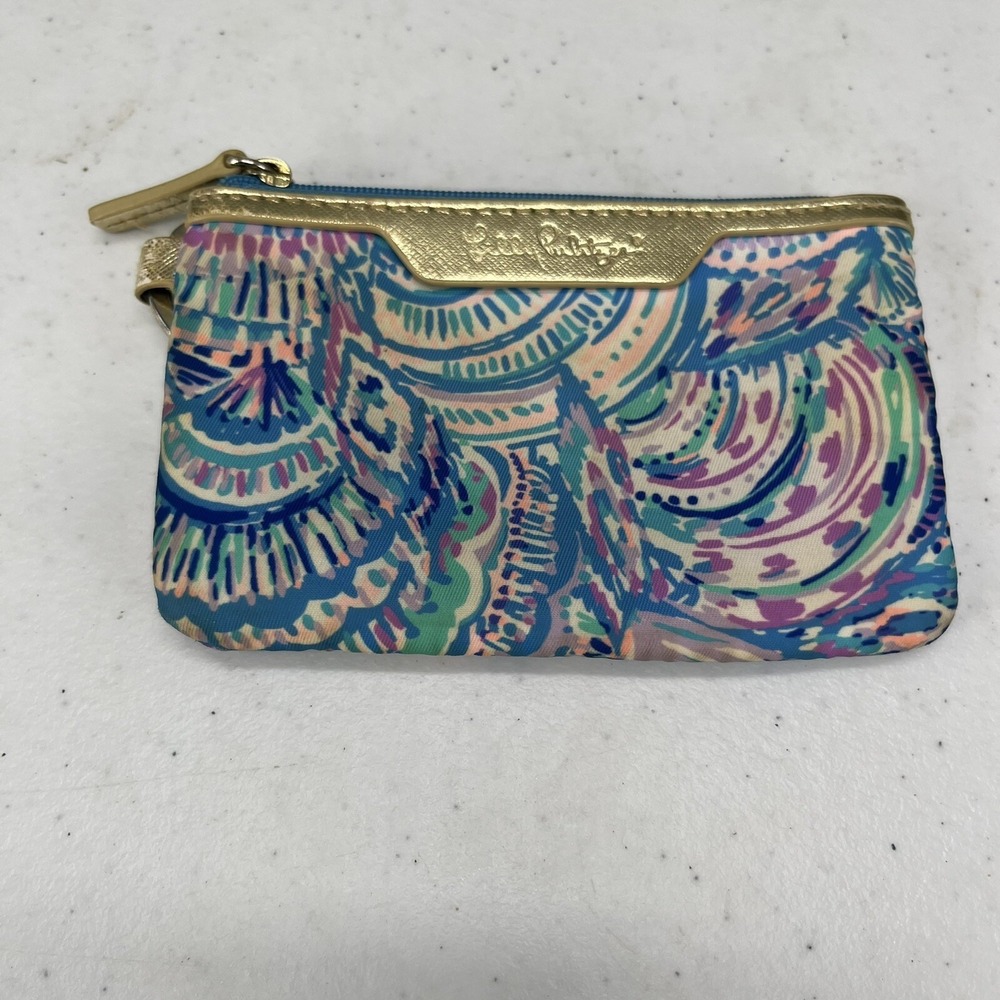 Lilly Pulitzer ID Case Mini Wallet Blue Pink Card Holder Keychain Ring